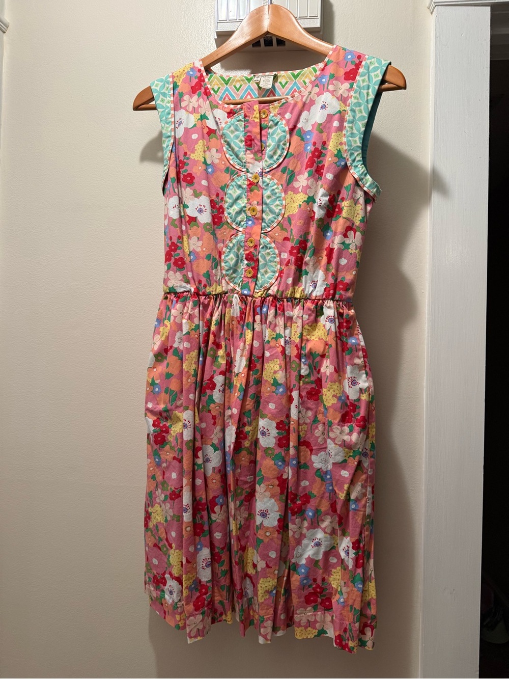 Pink Floral Sleeveless Dress with Teal Trim